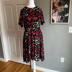 Vintage Cos Cob Black‎ Dress with Red and Cream Floral Pattern Wedding Party
